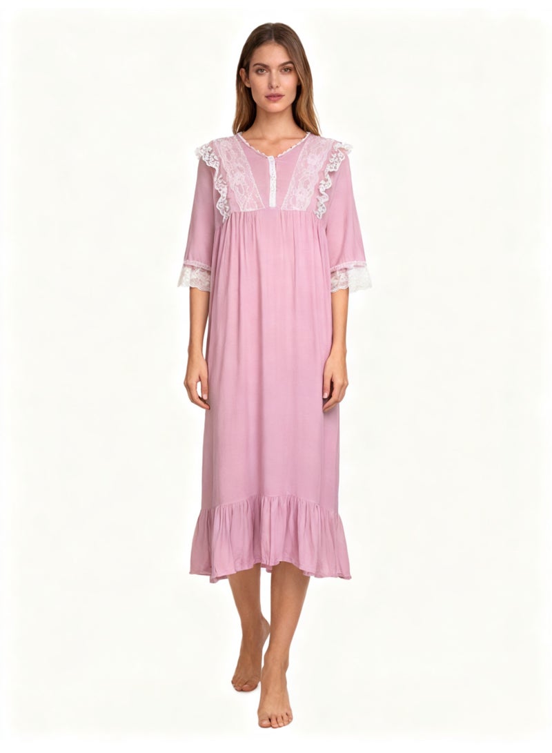 Orchid Sweet Princess Style Pajamas Solid Pink Color Fashion Long-Sleeved Soft Home Wear - Image 1