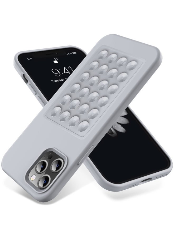 Suction Cup Soft Silicone Phone case With Stand Full Protection Shockproof For iPhone 14 Pro Max (Grey)