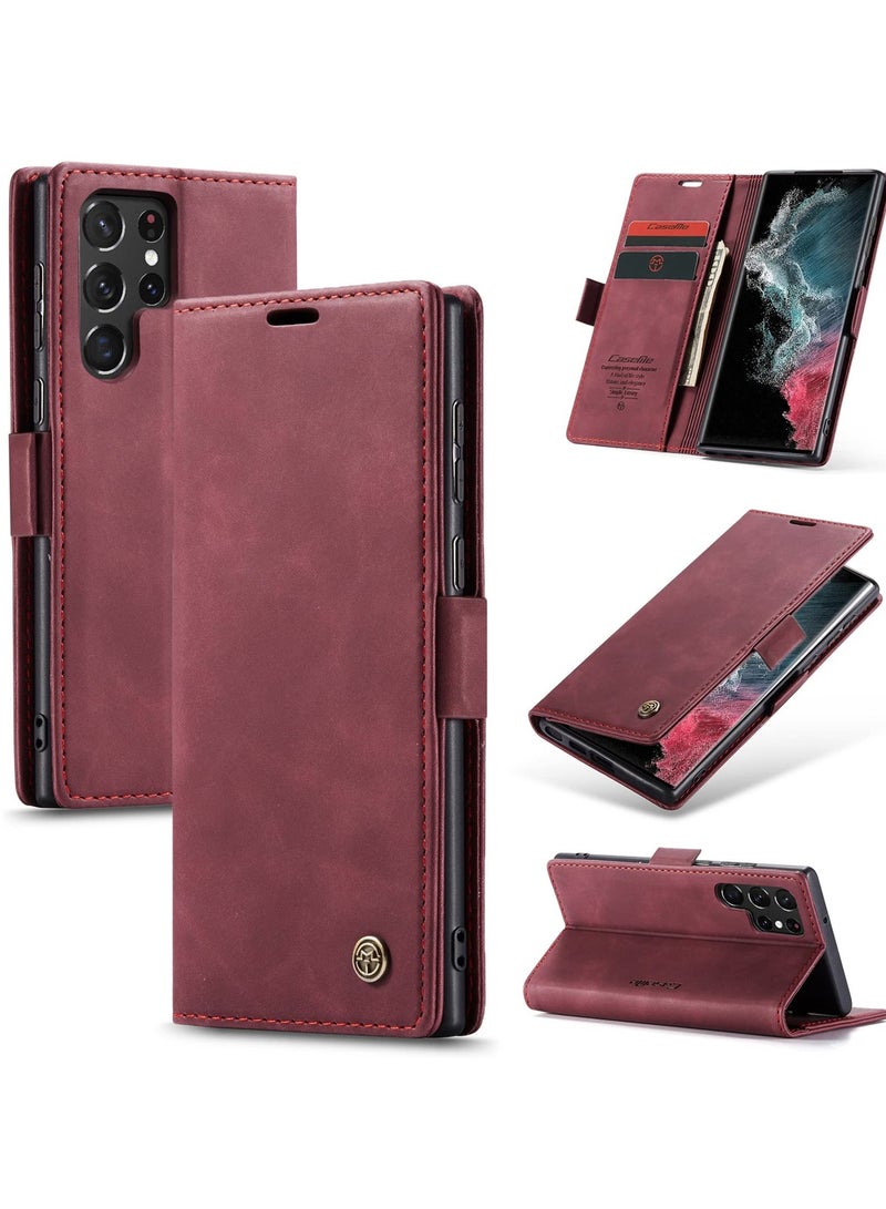 CaseMe Phone Case Luxury PU Leather Design 013 Flip Cover Card Slot Holder Cover For Samsung Galaxy S22 Ultra (Wine Red) - Image 1