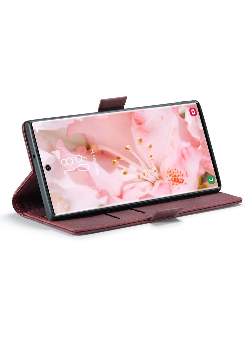 CaseMe Phone Case Luxury PU Leather Design 013 Flip Cover Card Slot Holder Cover For Samsung Galaxy S22 Ultra (Wine Red) - Image 2