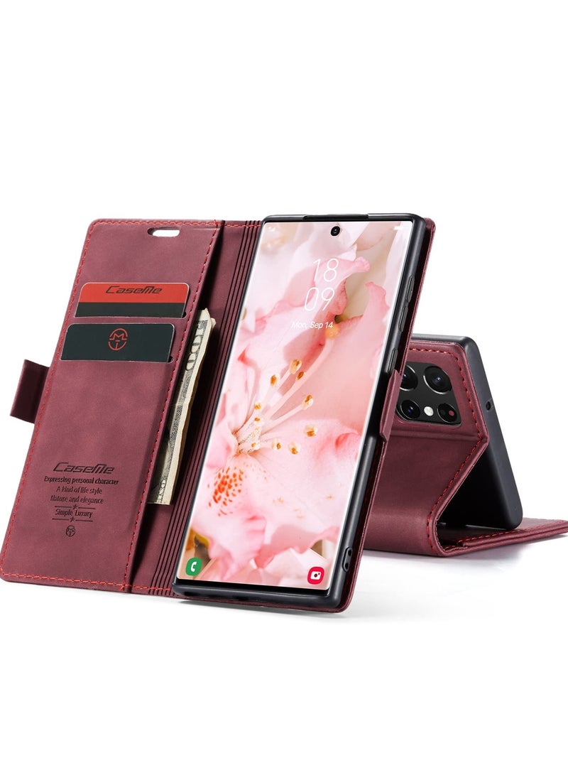 CaseMe Phone Case Luxury PU Leather Design 013 Flip Cover Card Slot Holder Cover For Samsung Galaxy S22 Ultra (Wine Red) - Image 3