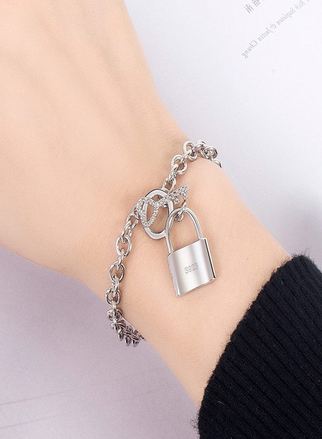 Dankadi Charm Women 925 Sterling Silver Key Lock Pendant Bracelet Girl Fashion Solid Silver Rolo Chain Bangle Fine Jewelry Gift For Wife & Girlfriend, 7.5 inche, no gemstone - Image 2