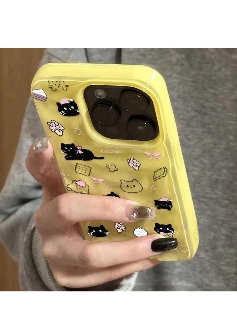 NIBEMINENT Cute Black Cat Protective TPU Case Cover For IPhone 15 Pro Max, Yellow