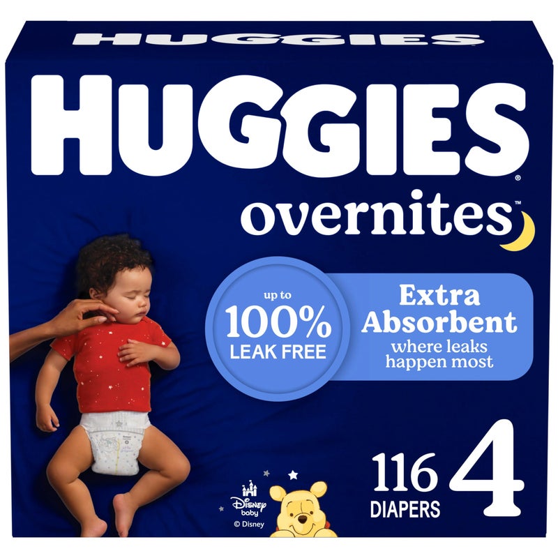 Huggies Size 4 Overnites Baby Diapers: Overnight Diapers, Size 4 (22-37 lbs), 116 Ct (2 Packs of 58), Packaging May Vary - Image 1