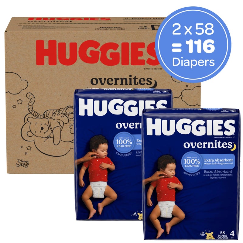 Huggies Size 4 Overnites Baby Diapers: Overnight Diapers, Size 4 (22-37 lbs), 116 Ct (2 Packs of 58), Packaging May Vary - Image 2