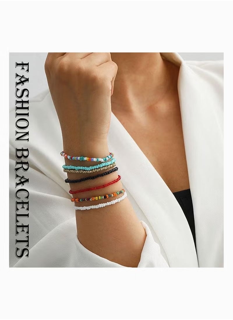 Generic - Multilayered Women Anklets,  Women Ankle Bracelets Beaded Bracelet Elastic Foot and Hand Chain Jewelry, Personality Creative Anklet, Boho Handmade Beads Colorful (7Pcs, Set-1) - Image 1