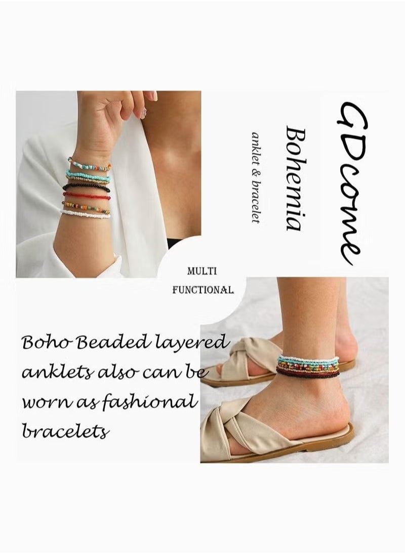 Generic - Multilayered Women Anklets,  Women Ankle Bracelets Beaded Bracelet Elastic Foot and Hand Chain Jewelry, Personality Creative Anklet, Boho Handmade Beads Colorful (7Pcs, Set-1) - Image 1