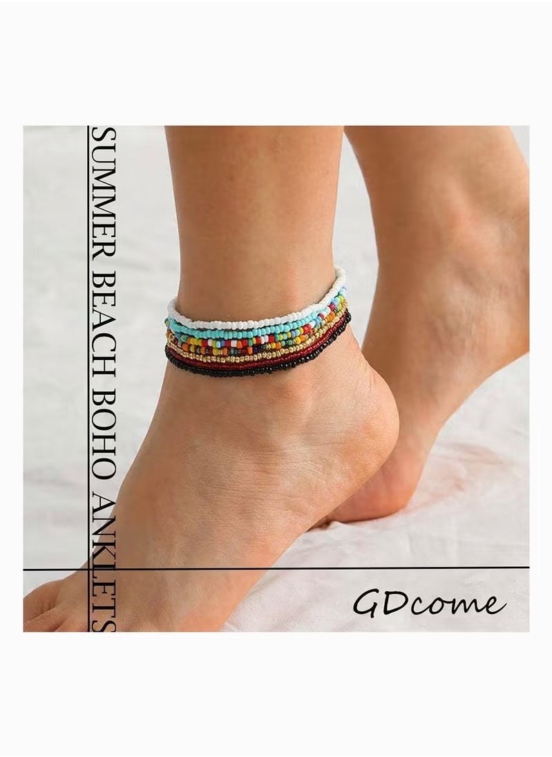 Generic - Multilayered Women Anklets,  Women Ankle Bracelets Beaded Bracelet Elastic Foot and Hand Chain Jewelry, Personality Creative Anklet, Boho Handmade Beads Colorful (7Pcs, Set-1) - Image 1
