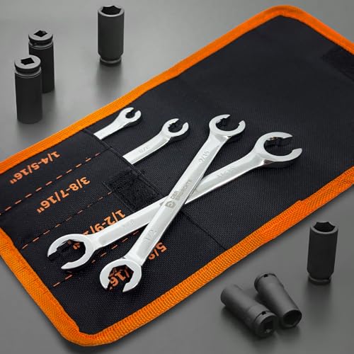 Der Erwachte 4-Piece Flare Nut Wrench Set - SAE Brake Line Wrench 1/4, 5/16, 3/8, 7/16, 1/2, 9/16, 5/8, 11/16-inch, Professional Offset Heads, Portable Organizer Pouch Included - Image 5