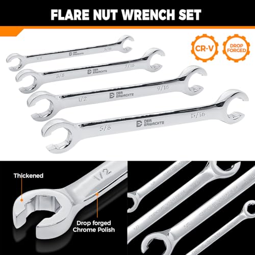 Der Erwachte 4-Piece Flare Nut Wrench Set - SAE Brake Line Wrench 1/4, 5/16, 3/8, 7/16, 1/2, 9/16, 5/8, 11/16-inch, Professional Offset Heads, Portable Organizer Pouch Included - Image 2