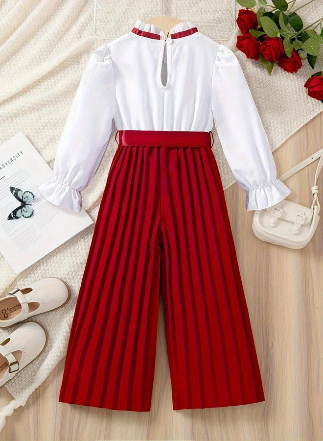 Take Two Girls Ruffle Hem Bow Detail Top with Pleated Wide Leg Pants Set