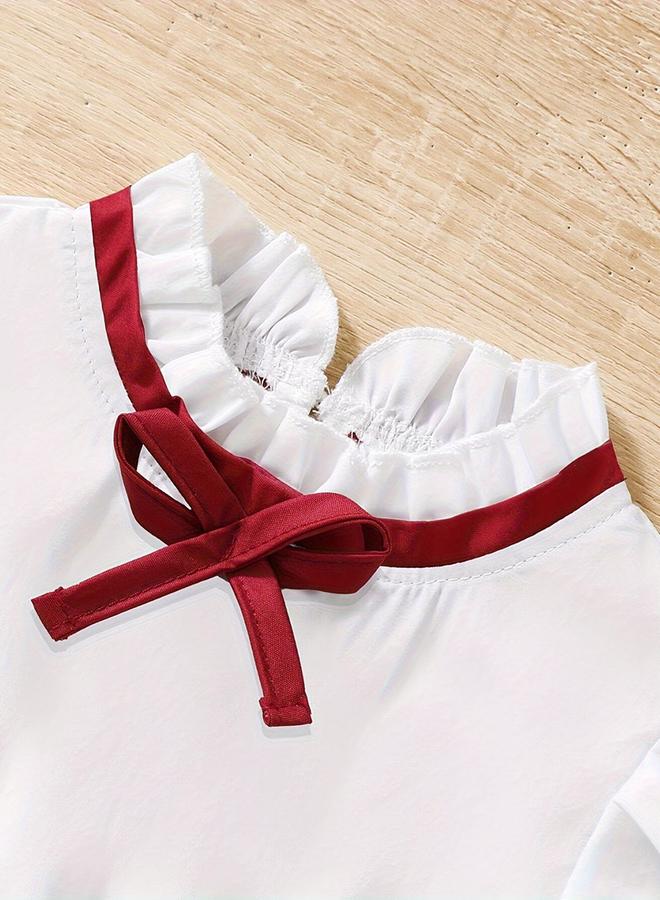 تايك تو طقم من بلوزة مزينة بكشكش وفيونكة مع بنطال واسع بكسرات - Image 3