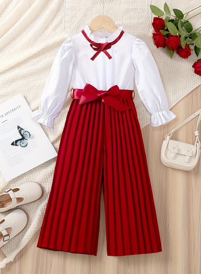 تايك تو طقم من بلوزة مزينة بكشكش وفيونكة مع بنطال واسع بكسرات - Image 1