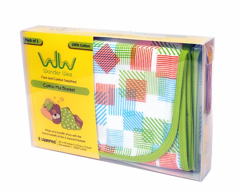 Wonder Wee 100% Cotton 6 Layer Super Soft Muslin Blanket for Kids Infant Size Lightweight & Comfortable Best for Newborn | Size 44" x 44" Inch XXL Size Unisex Wrapper Cloth(Green Square Lines) - Image 1