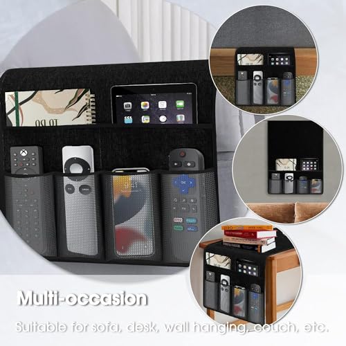 NIHSPRUHAY Sofa Caddy Organizer Remote Control Holder for Couch Recliner Cotton Non Slip Armrest Chair Caddie with 6 Grey Mesh Pocket Newspaper Storage for Tablet, Magazine, Phone, iPad,( Black ) - Image 4