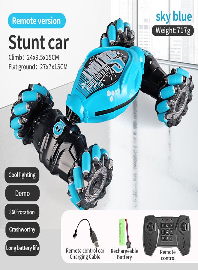 AROAQ Sky Blue Remote Control Stunt Car 4WD Stunt Twisting Off Road 360 Rotation Vehicle Cool Light Music Drift Traverse Remote Control Dancing Side Driving Toy  - Image 1