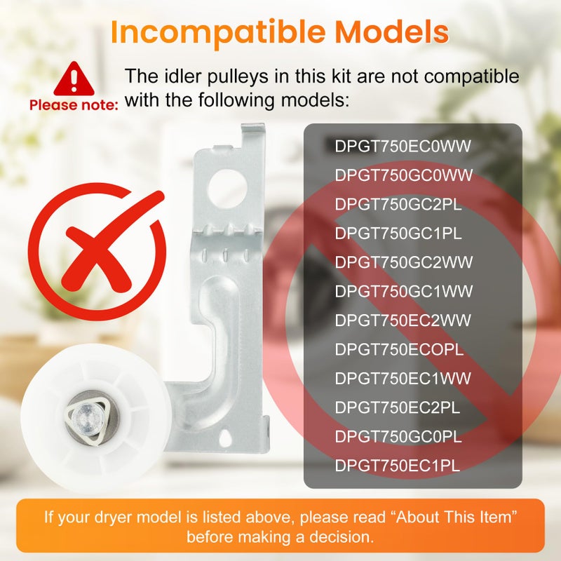Casmer Dryer Repair Kit Compatible with ge Dryers Includes 4 PCS WE03X10008 Dryer Drum Roller WE12X10011 Dryer Belt and WE12X10013,WE12X10012 Idler Pulley Assembly,Note The Incompatible Models in Figure 6 - Image 2