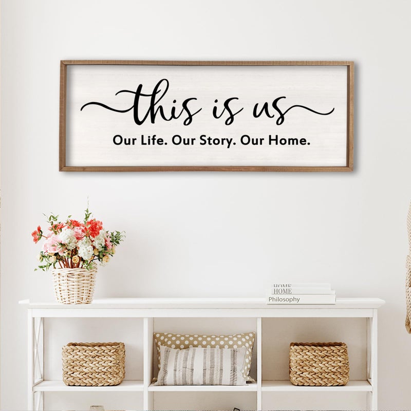 comurdyoThis is us Wall Decor Sign 32'' x 12'' Large Master Bedroom Home Life Story Wood Framed Vintage Family Sign Rustic Plaque Living Room Minimalist Farmhouse Hanging Wall Art (Wood) - Image 1
