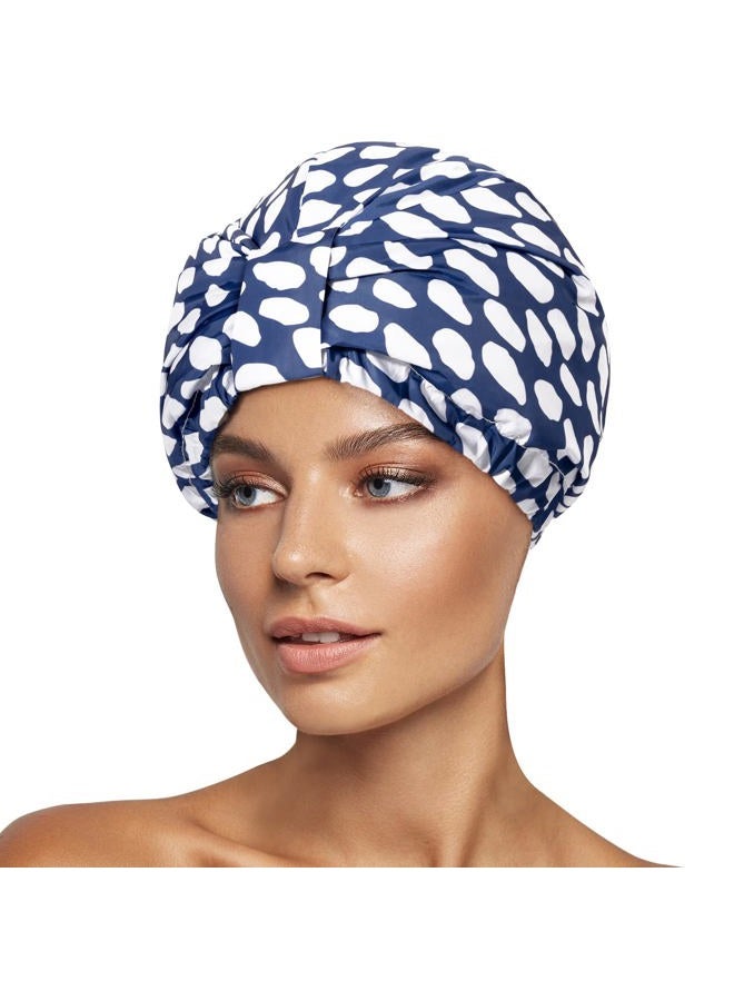 INNELO Luxury Shower Cap for Women Reusable Waterproof, Double Layered Shower Hair Cap with Adjustable Elastic Strap, Large Satin Lined Shower Bath Cap for Long Curly Straight Hair, Blue - Image 1