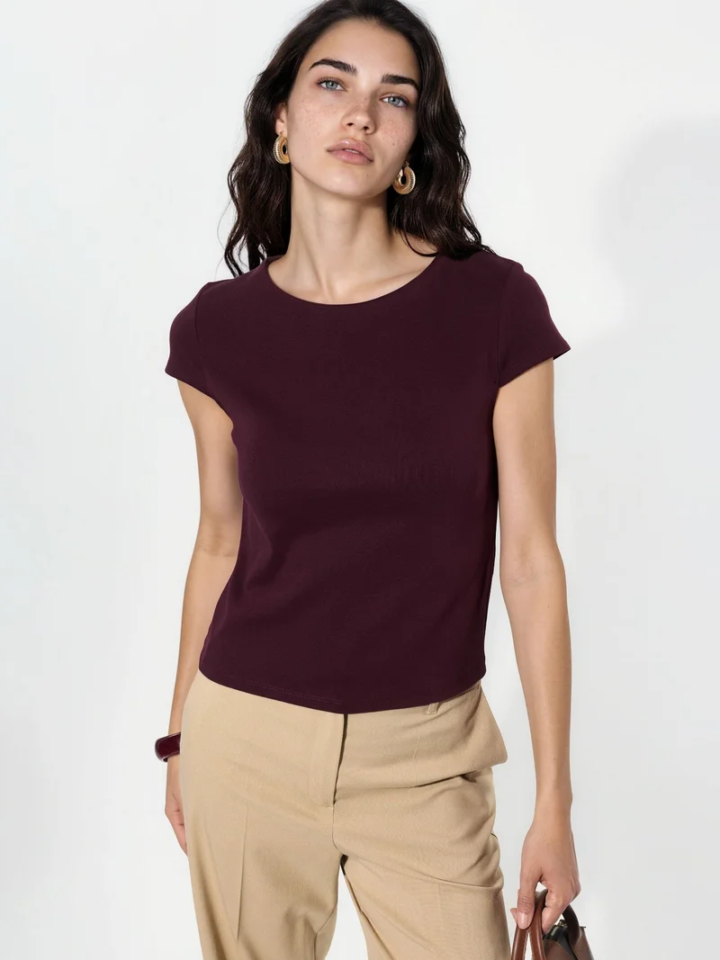 بوسيم BUSEM Crew Neck Short Sleeve Cotton Blend Blouse