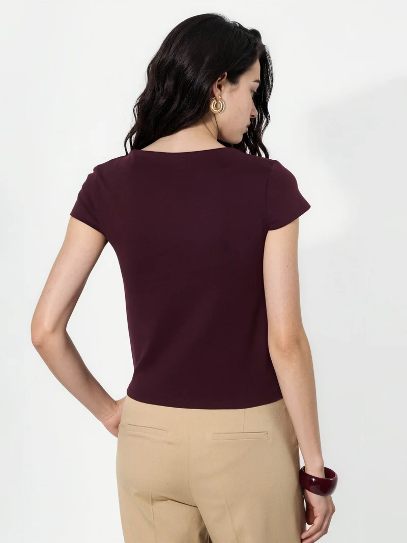 بوسيم BUSEM Crew Neck Short Sleeve Cotton Blend Blouse