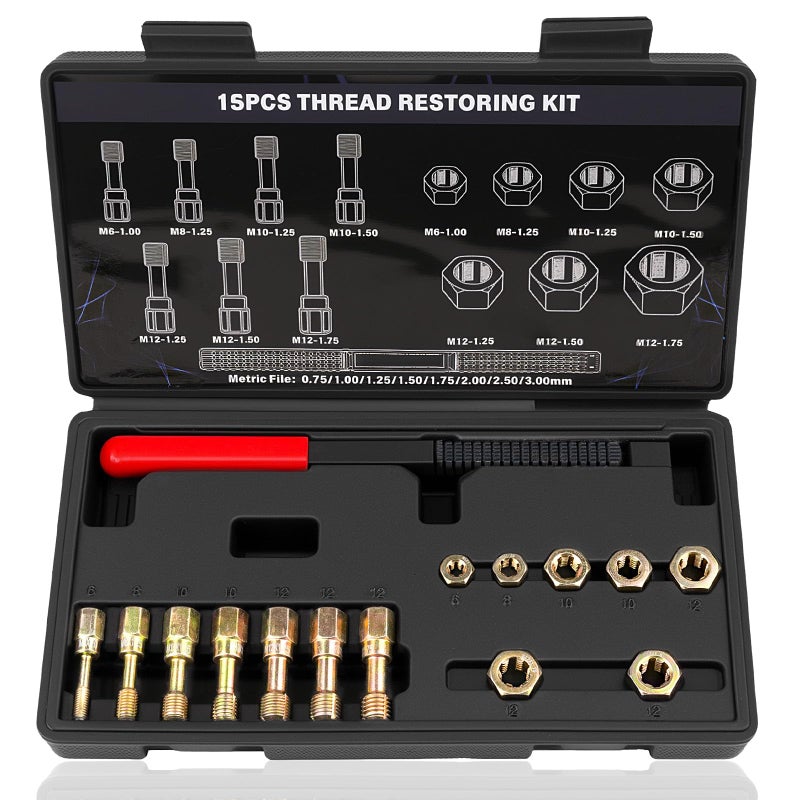Aikyciu 15Piece Metric Thread Chaser Set M6 M8 M10 M12 Thread Restorer Tool Rethreading Repair Kit with Taps Dies and Files - Image 3