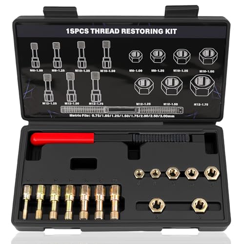 Aikyciu 15Piece Metric Thread Chaser Set M6 M8 M10 M12 Thread Restorer Tool Rethreading Repair Kit with Taps Dies and Files - Image 1