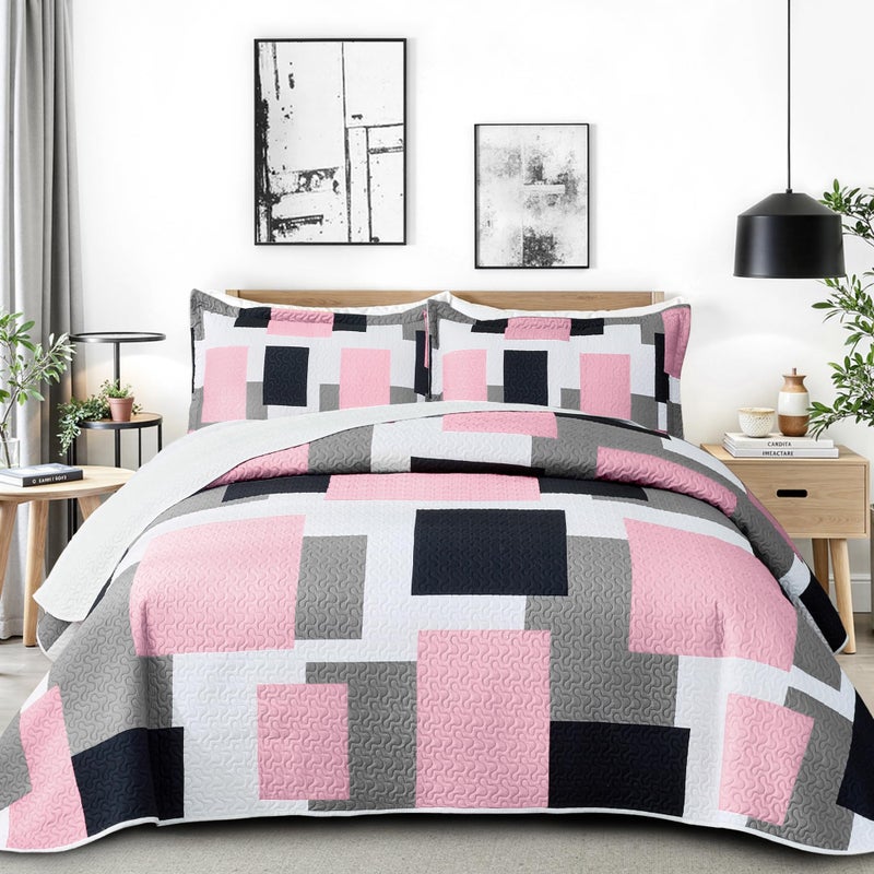 Tyrot 3 Piece Pink Grey Quilt Set Full/Queen Size Pink Gray White Geometric Reversible Bedding Set Microfiber Lightweight Bedspread Coverlet with 2 Shams Modern Bed Cover for All Season, 90''x96'' - Image 1