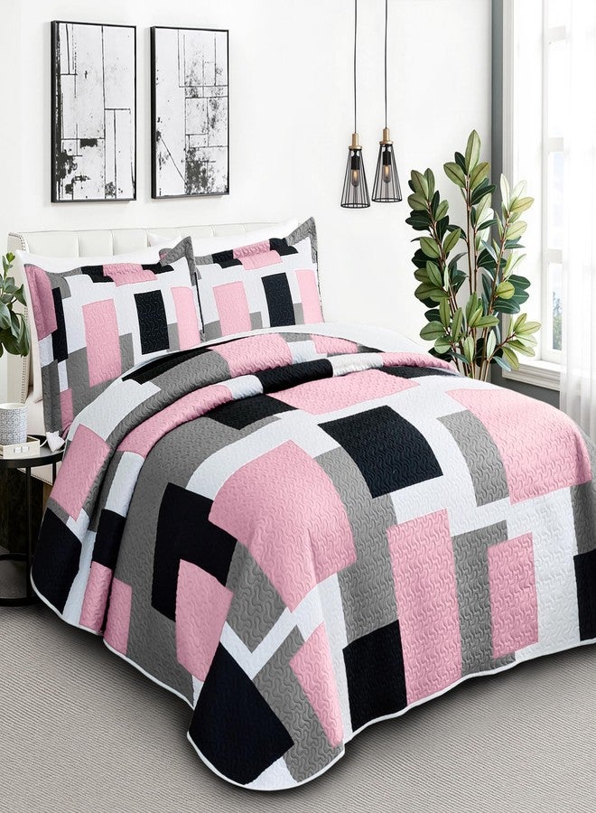 Tyrot 3 Piece Pink Grey Quilt Set Full/Queen Size Pink Gray White Geometric Reversible Bedding Set Microfiber Lightweight Bedspread Coverlet with 2 Shams Modern Bed Cover for All Season, 90''x96'' - Image 2