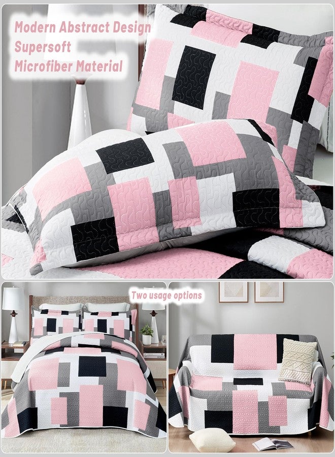 Tyrot 3 Piece Pink Grey Quilt Set Full/Queen Size Pink Gray White Geometric Reversible Bedding Set Microfiber Lightweight Bedspread Coverlet with 2 Shams Modern Bed Cover for All Season, 90''x96'' - Image 3