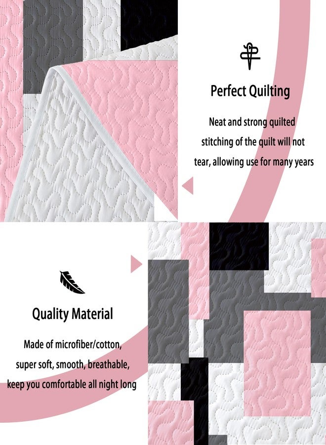 Tyrot 3 Piece Pink Grey Quilt Set Full/Queen Size Pink Gray White Geometric Reversible Bedding Set Microfiber Lightweight Bedspread Coverlet with 2 Shams Modern Bed Cover for All Season, 90''x96'' - Image 4