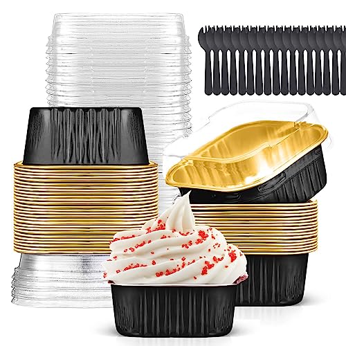 Findful 10oz Mini Cake Pans with Lids (40 Pack) Aluminum Foil Square Cupcake Liners Brownie Baking Cups,Disposable 4”x4” Large Cupcake Pan,Jumbo Muffin Tin Ramekins Holders - Image 1