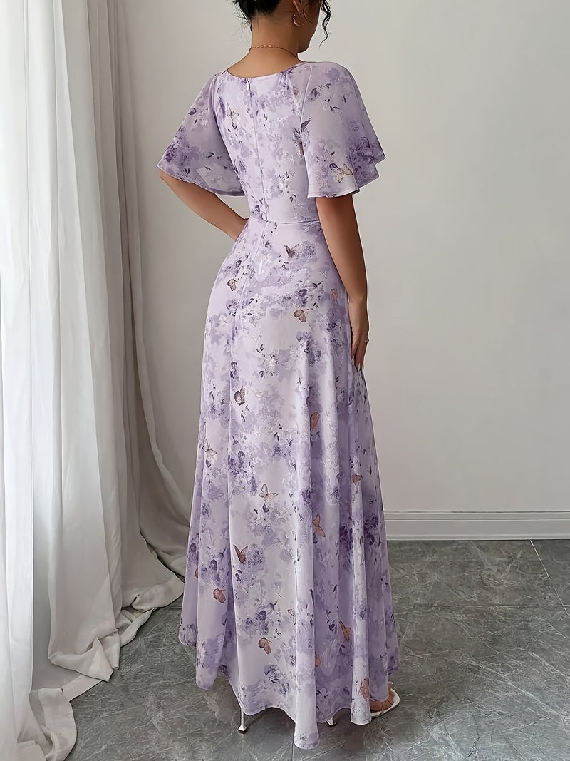 Women's Chiffon Butterfly Pattern Batwing Sleeve Drawstring Sweet French-Style Mini Dress, Summer Women's Elegant Dress, Women's Autumn\u002FWinter Dress, Autumn Fashion Trend, Women's Au... - Image 2