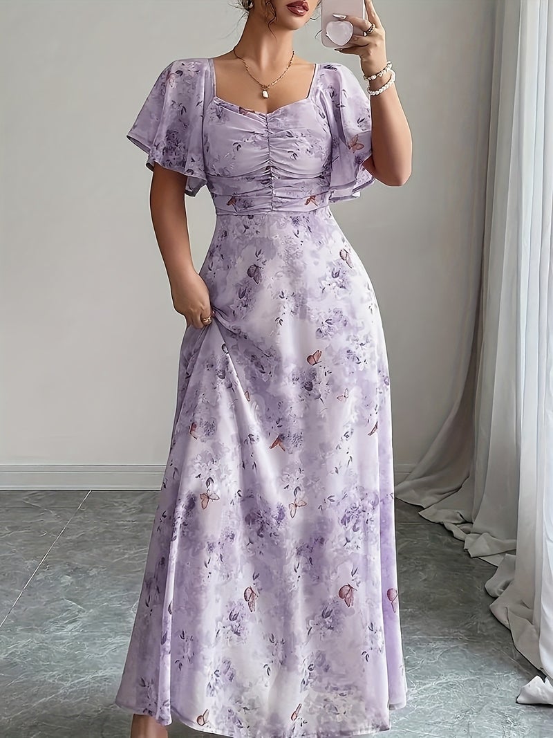 Women's Chiffon Butterfly Pattern Batwing Sleeve Drawstring Sweet French-Style Mini Dress, Summer Women's Elegant Dress, Women's Autumn\u002FWinter Dress, Autumn Fashion Trend, Women's Au... - Image 3