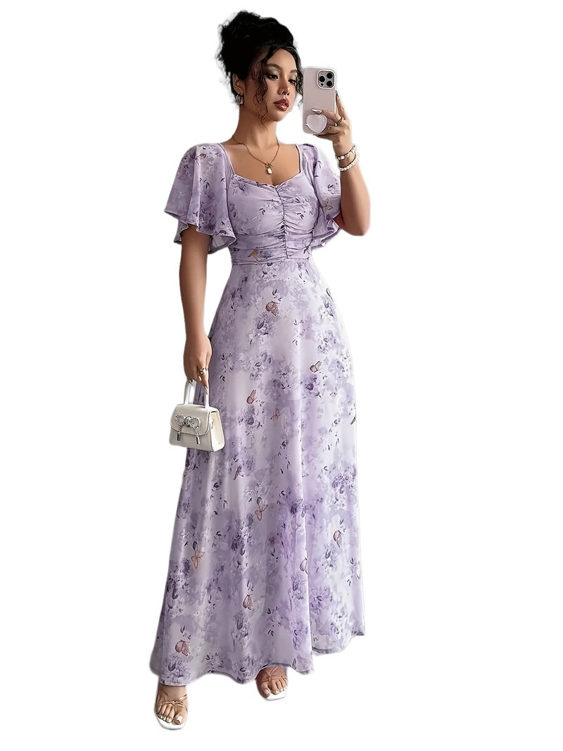 Women's Chiffon Butterfly Pattern Batwing Sleeve Drawstring Sweet French-Style Mini Dress, Summer Women's Elegant Dress, Women's Autumn\u002FWinter Dress, Autumn Fashion Trend, Women's Au... - Image 1