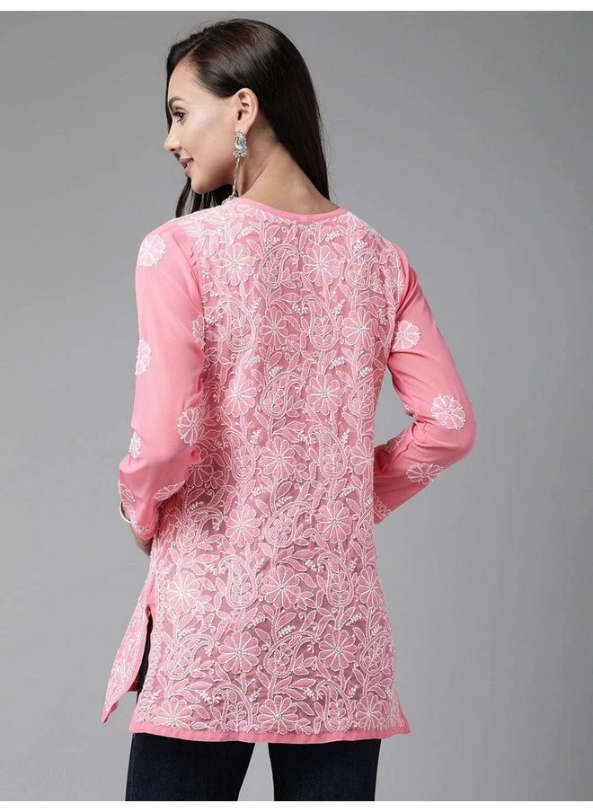 ADA - Ada Hand Embroidered Georgette Lucknow Chikankari Short Kurti Top for Girls & Women A911225 (XL,Dark Pink) - Image 1