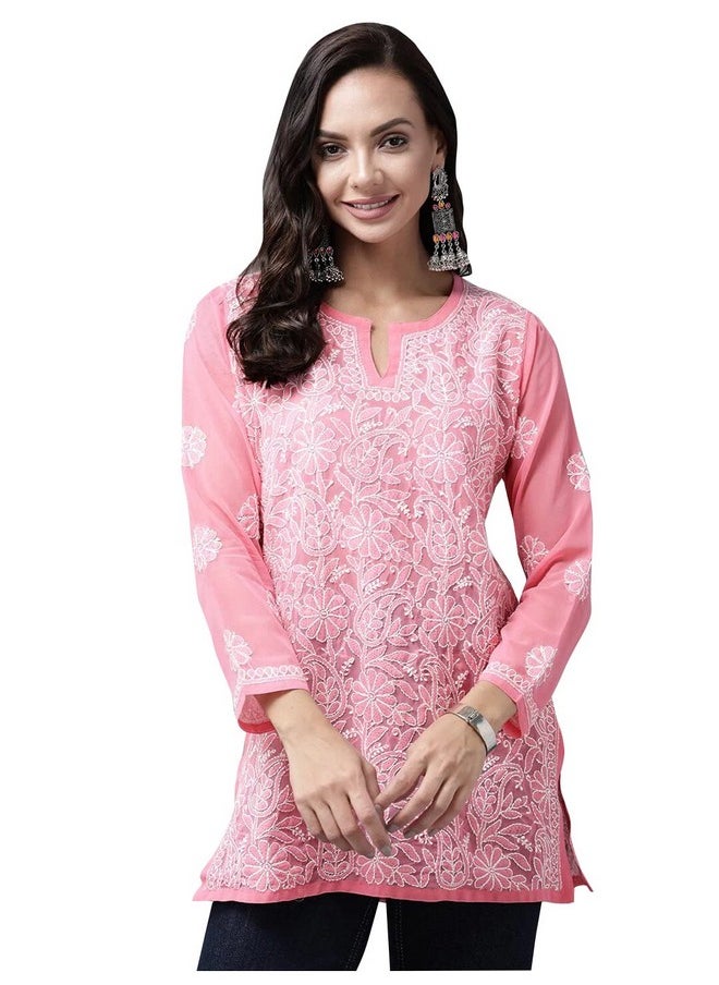 ADA - Ada Hand Embroidered Georgette Lucknow Chikankari Short Kurti Top for Girls & Women A911225 (XL,Dark Pink) - Image 1