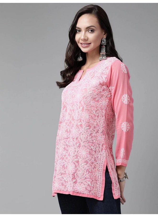 ADA - Ada Hand Embroidered Georgette Lucknow Chikankari Short Kurti Top for Girls & Women A911225 (XL,Dark Pink) - Image 1