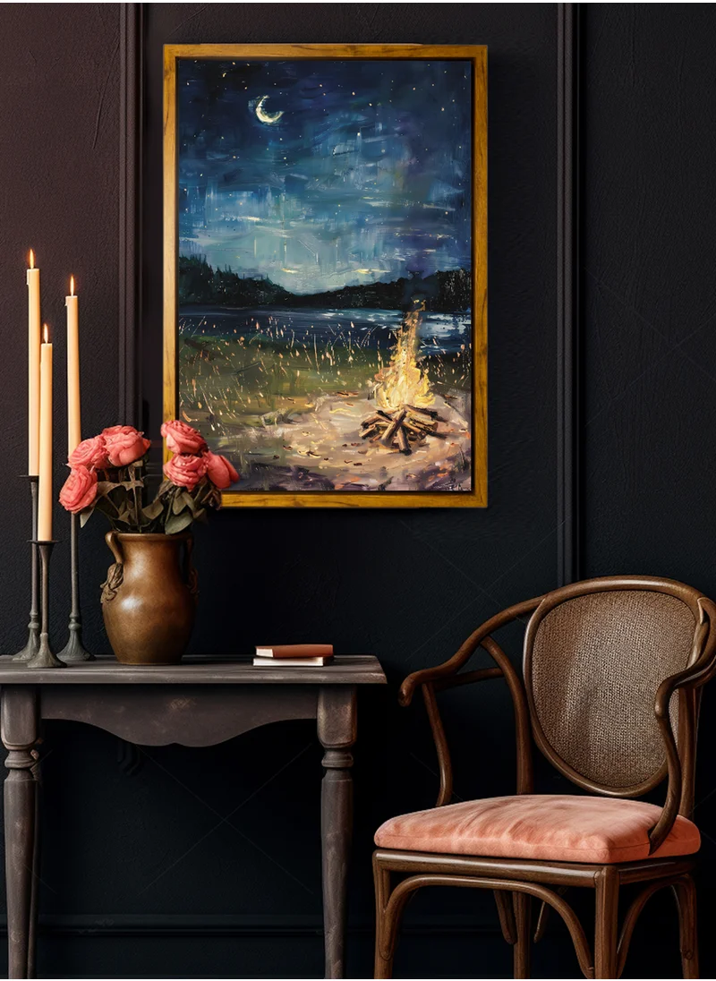 LOWHA Canvas Wall Art Stretched Over Wooden Frame with Wooden Color Floating Frame and Vintage Style Warm Fires by the Lake Painting