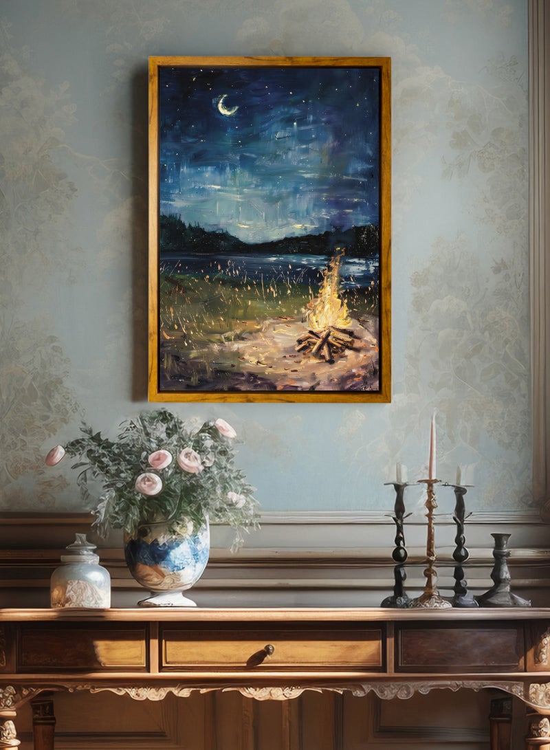 لوحة كانفاس على إطار خشبي بإطار خارجي باللون الخشبي وتصميم كلاسيكي لنيران دافئة على البحيرة - Image 3