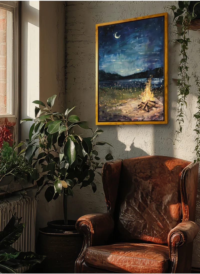 LOWHA Canvas Wall Art Stretched Over Wooden Frame with Wooden Color Floating Frame and Vintage Style Warm Fires by the Lake Painting
