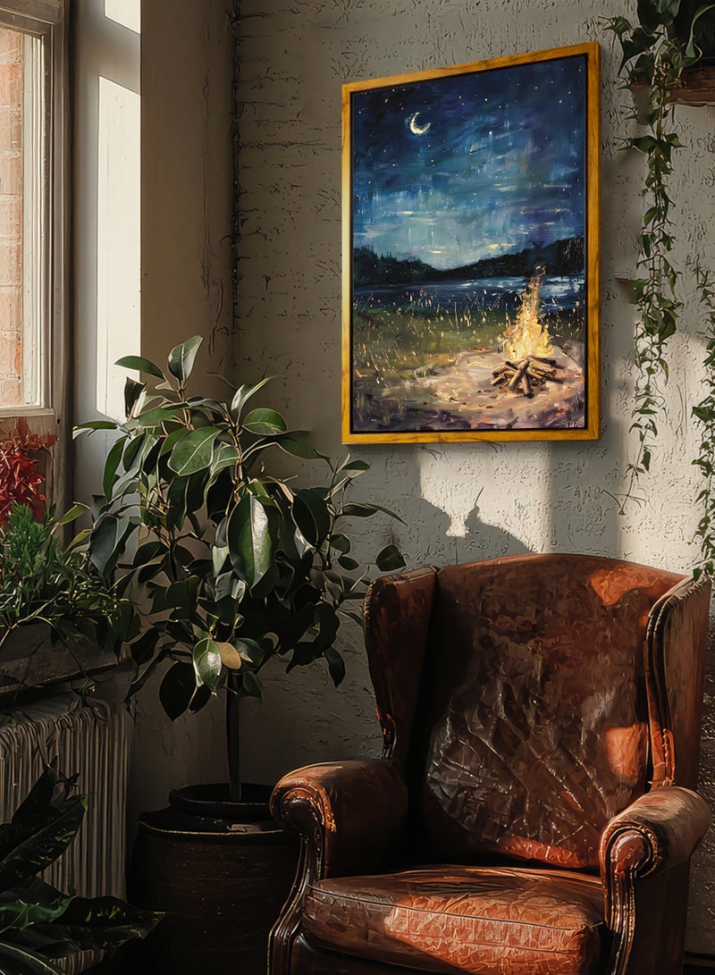 لوحة كانفاس على إطار خشبي بإطار خارجي باللون الخشبي وتصميم كلاسيكي لنيران دافئة على البحيرة - Image 2