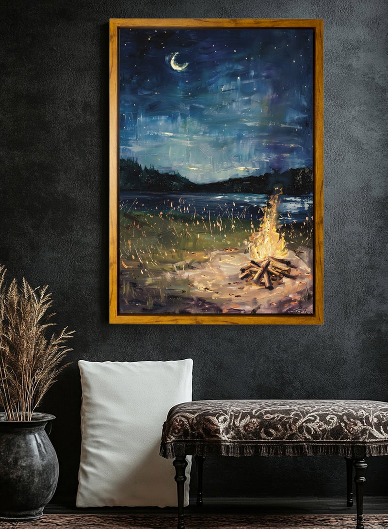 لوحة كانفاس على إطار خشبي بإطار خارجي باللون الخشبي وتصميم كلاسيكي لنيران دافئة على البحيرة - Image 4