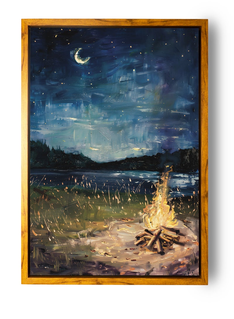 لوحة كانفاس على إطار خشبي بإطار خارجي باللون الخشبي وتصميم كلاسيكي لنيران دافئة على البحيرة - Image 5