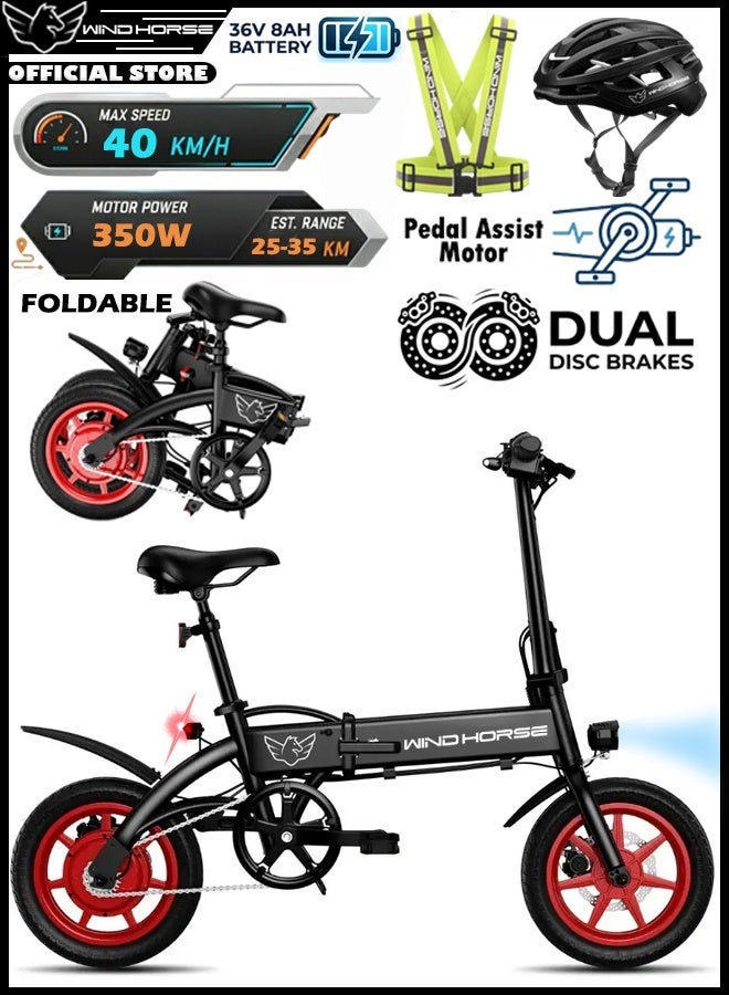 Wind Horse Foldable Electric Bike 350W Powerful Brushless Hub Motor, 36V 8Ah Lithium Battery, Pedal Assist Motor, Up to 40 KM/H Speed, 25-35 KM Range, 14-Inch Tires, Carbon Alloy Frame, Dual Disc Brakes, LED Headlight, Portable Easy to Carry E-Bike - Image 1