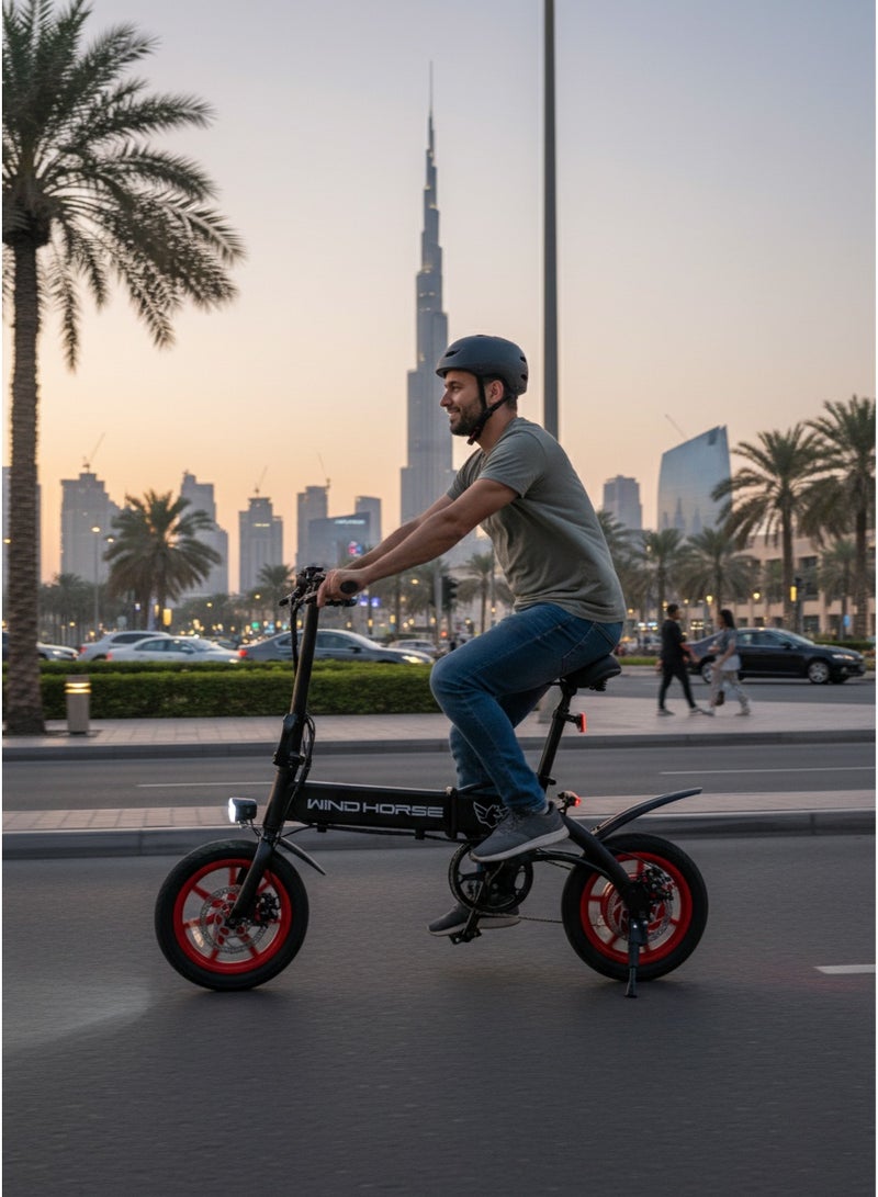Wind Horse Foldable Electric Bike 350W Powerful Brushless Hub Motor, 36V 8Ah Lithium Battery, Pedal Assist Motor, Up to 40 KM/H Speed, 25-35 KM Range, 14-Inch Tires, Carbon Alloy Frame, Dual Disc Brakes, LED Headlight, Portable Easy to Carry E-Bike - Image 2