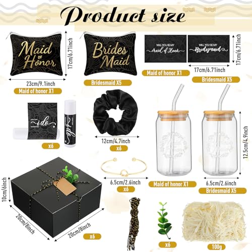 FillTouch مجموعة هدايا اقتراح وصيفات العروس 54 قطعة، هدية خادمة الشرف تشمل صندوق هدايا زفاف، حقيبة مكياج، بطاقة دعوة، كوب زجاجي، بلسم شفاه، رباط شعر، سوار لحفل زفاف، حفلة وداع العزوبية (أسود) - Image 3