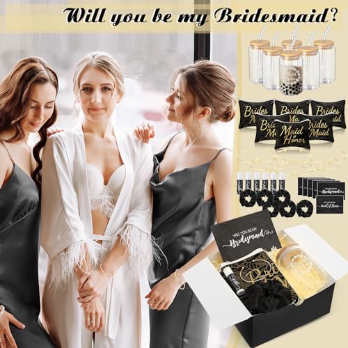 FillTouch مجموعة هدايا اقتراح وصيفات العروس 54 قطعة، هدية خادمة الشرف تشمل صندوق هدايا زفاف، حقيبة مكياج، بطاقة دعوة، كوب زجاجي، بلسم شفاه، رباط شعر، سوار لحفل زفاف، حفلة وداع العزوبية (أسود) - Image 5