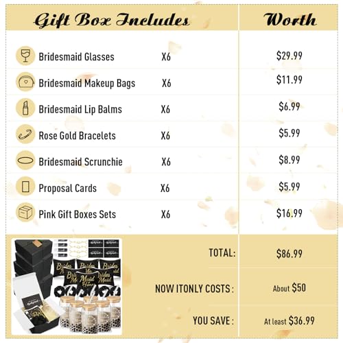 FillTouch مجموعة هدايا اقتراح وصيفات العروس 54 قطعة، هدية خادمة الشرف تشمل صندوق هدايا زفاف، حقيبة مكياج، بطاقة دعوة، كوب زجاجي، بلسم شفاه، رباط شعر، سوار لحفل زفاف، حفلة وداع العزوبية (أسود) - Image 2