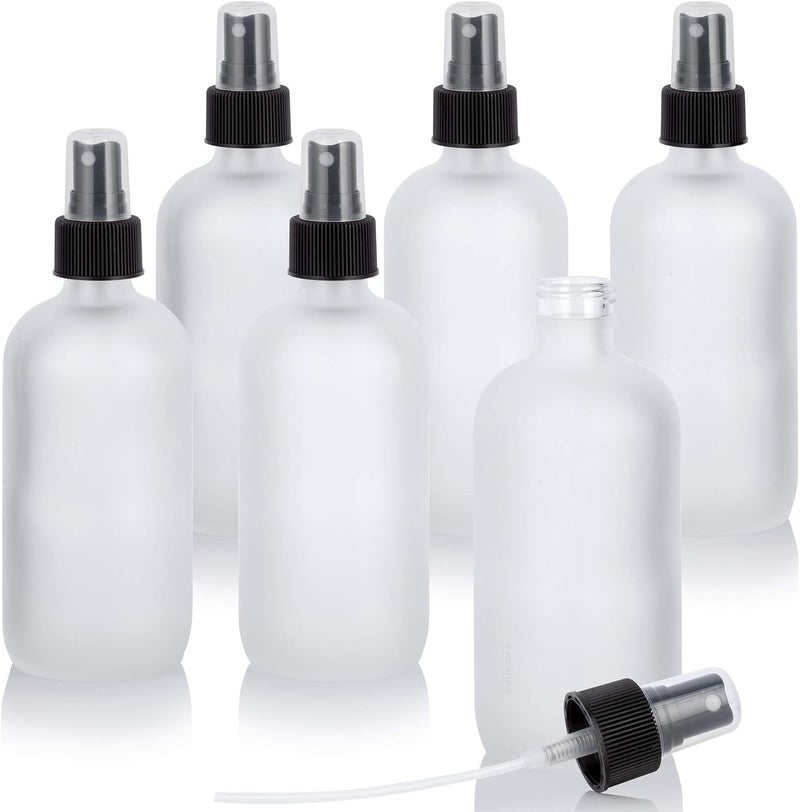 JUVITUS 8 oz Frosted Clear Glass Boston Round Bottle with Black Fine Mist Spray (6 Pack)